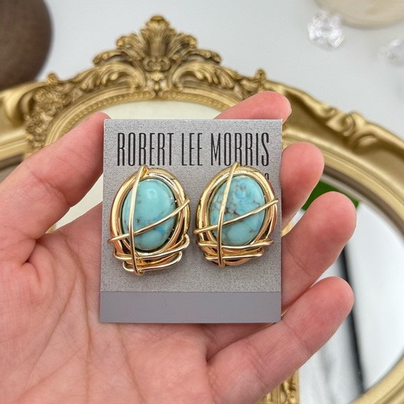 Robert Lee Morris Turquoise Gold Sculptural Clip-On Earrings Vintage Vibe - Picture 4 of 8